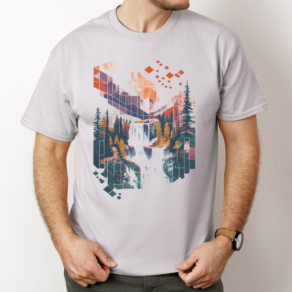 Geometric Landscape Shirt Waterfall Mountain Illustration Tshirt Cotton Tee Gray - Picture 2 of 5